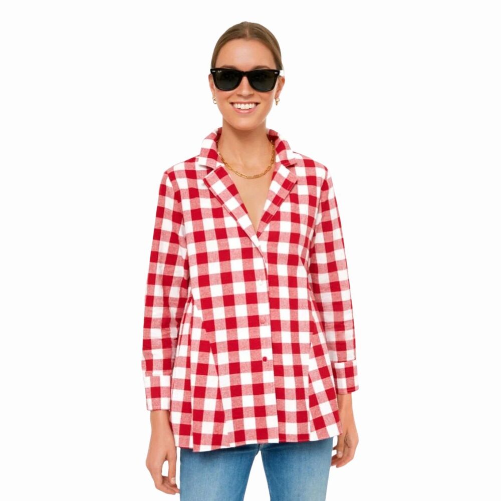 Pomander Place Womens Top Red Plaid Button Up Peplum Swing Long Sleeve Medium